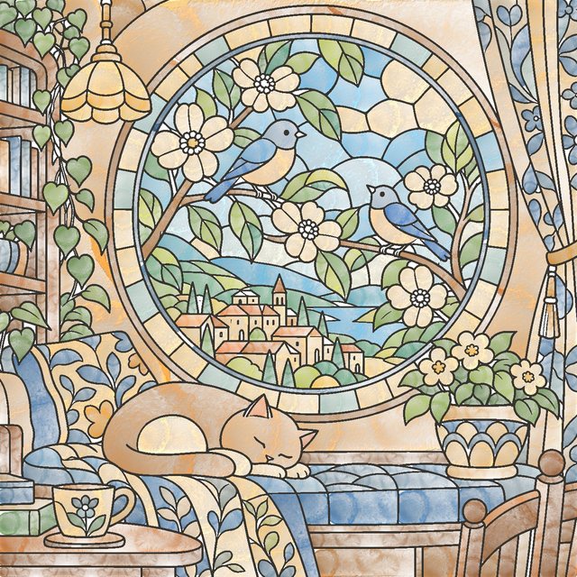 ステンドグラスの窓と猫の塗り絵