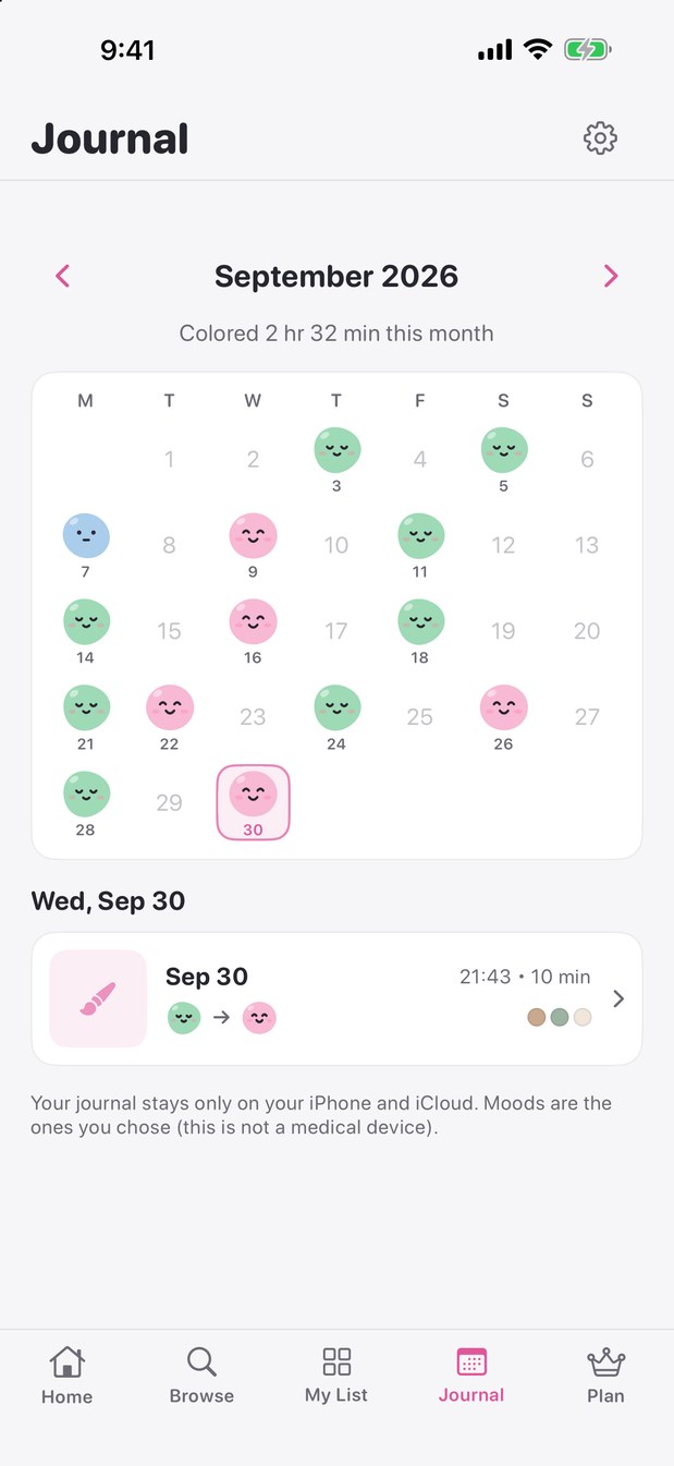 The diary screen: a calendar with a mood face on each day you colored