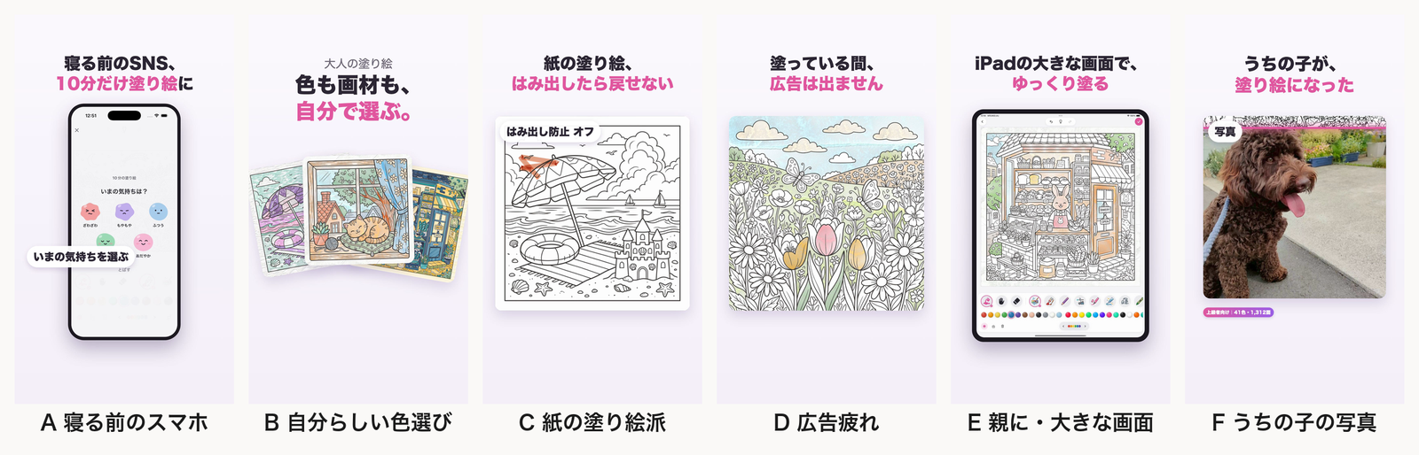 6つの仮説の最初の1秒。A 寝る前のスマホ、B 自分らしい色選び、C 紙の塗り絵派、D 広告疲れ、E 親に・大きな画面、F うちの子の写真