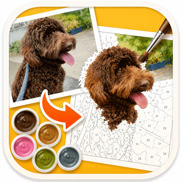 Artherapy のアイコン。写真の犬が、番号つきの塗り絵に変わっていく