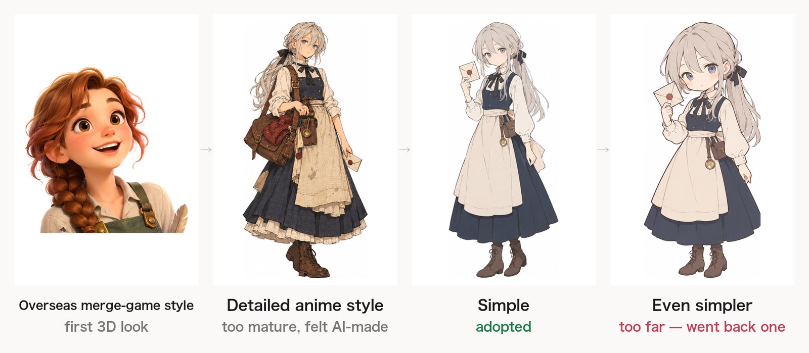 How the heroine's art evolved: overseas merge-game 3D style → detailed anime → simple (adopted) → even simpler (too far, went back one)