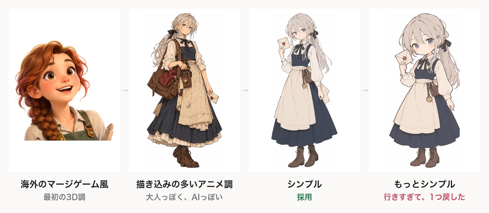 主人公の絵柄の変遷。海外のマージゲーム風の3D調 → 描き込みの多いアニメ調 → シンプル（採用）→ もっとシンプル（行きすぎて1つ戻した）