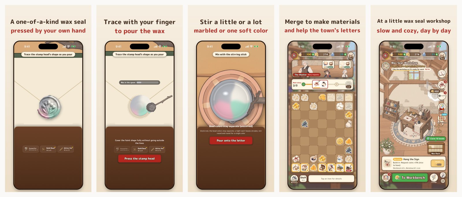 Sealcraft's App Store screenshots (English): A one-of-a-kind wax seal, pressed by your own hand / Trace with your finger to pour the wax / Stir a little or a lot: marbled or one soft color / Merge to make materials and help the town's letters / At a little wax seal workshop, slow and cozy, day by day