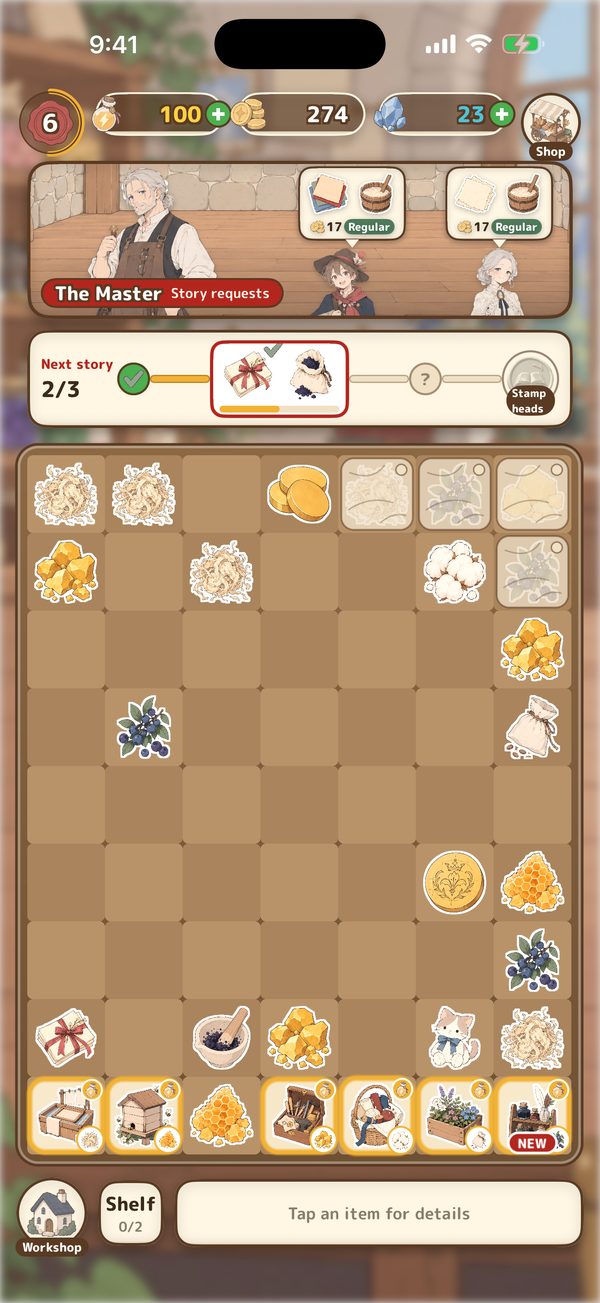 The workbench board, where matching items merge