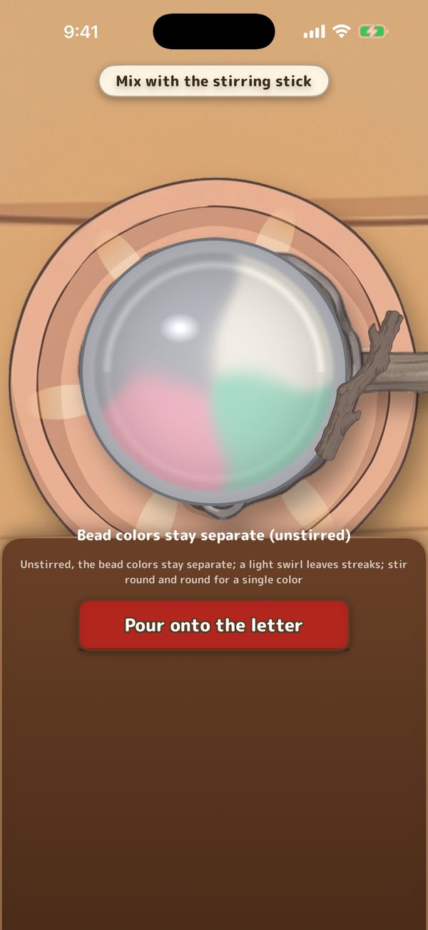 Stirring three colors of melted wax in a spoon